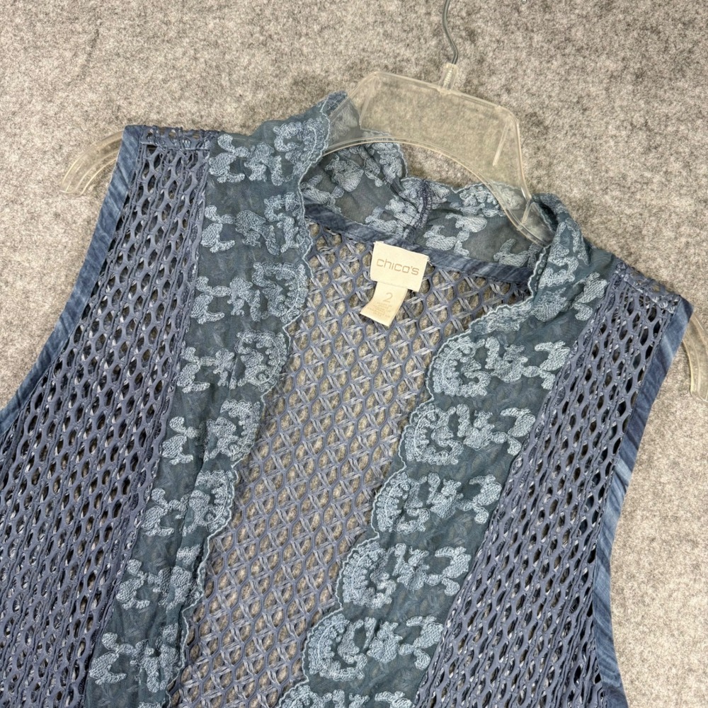 Chico's Open Front Mesh Vest Women 2 Blue Floral Lace Ruffle Trim 570109883